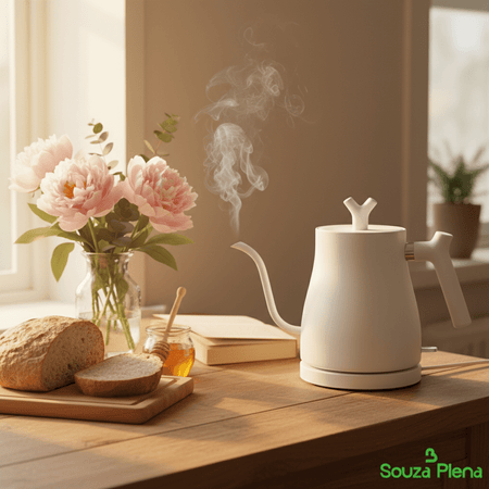 Chaleira moderna preparando café em uma mesa aconchegante ao amanhecer, simbolizando pausas tranquilas para café e chá.