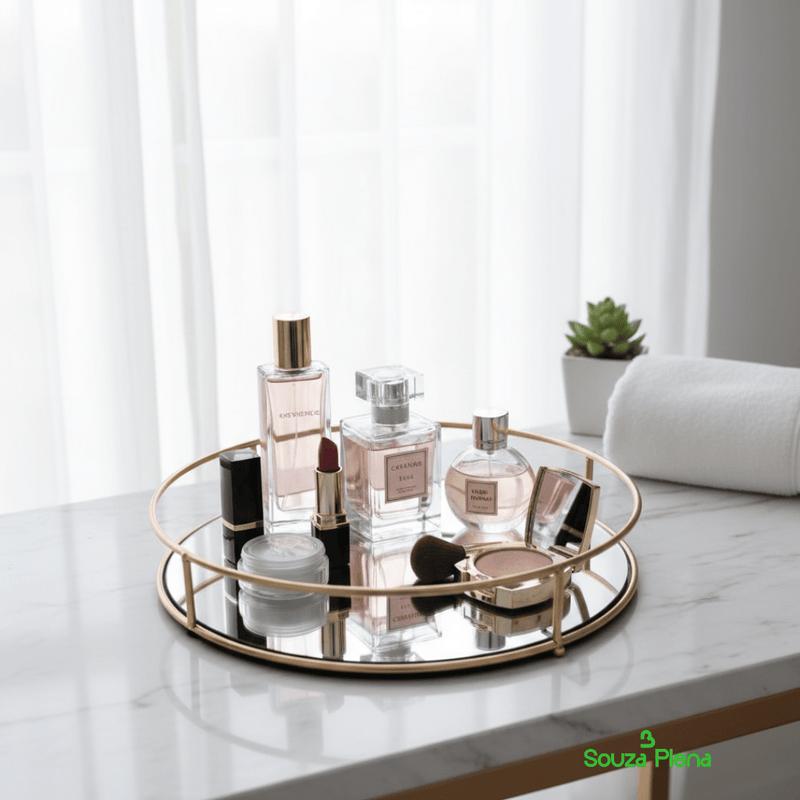 Bandeja Decorativa de Espelho com Hastes Douradas - | Souza Plena