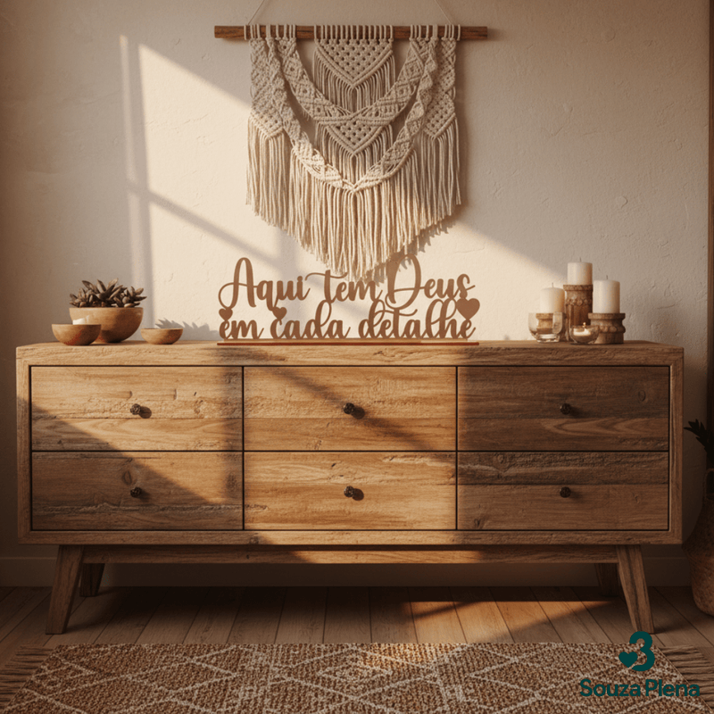 Palavra Decorativa “Aqui tem Deus em Cada Detalhe” - | Souza Plena